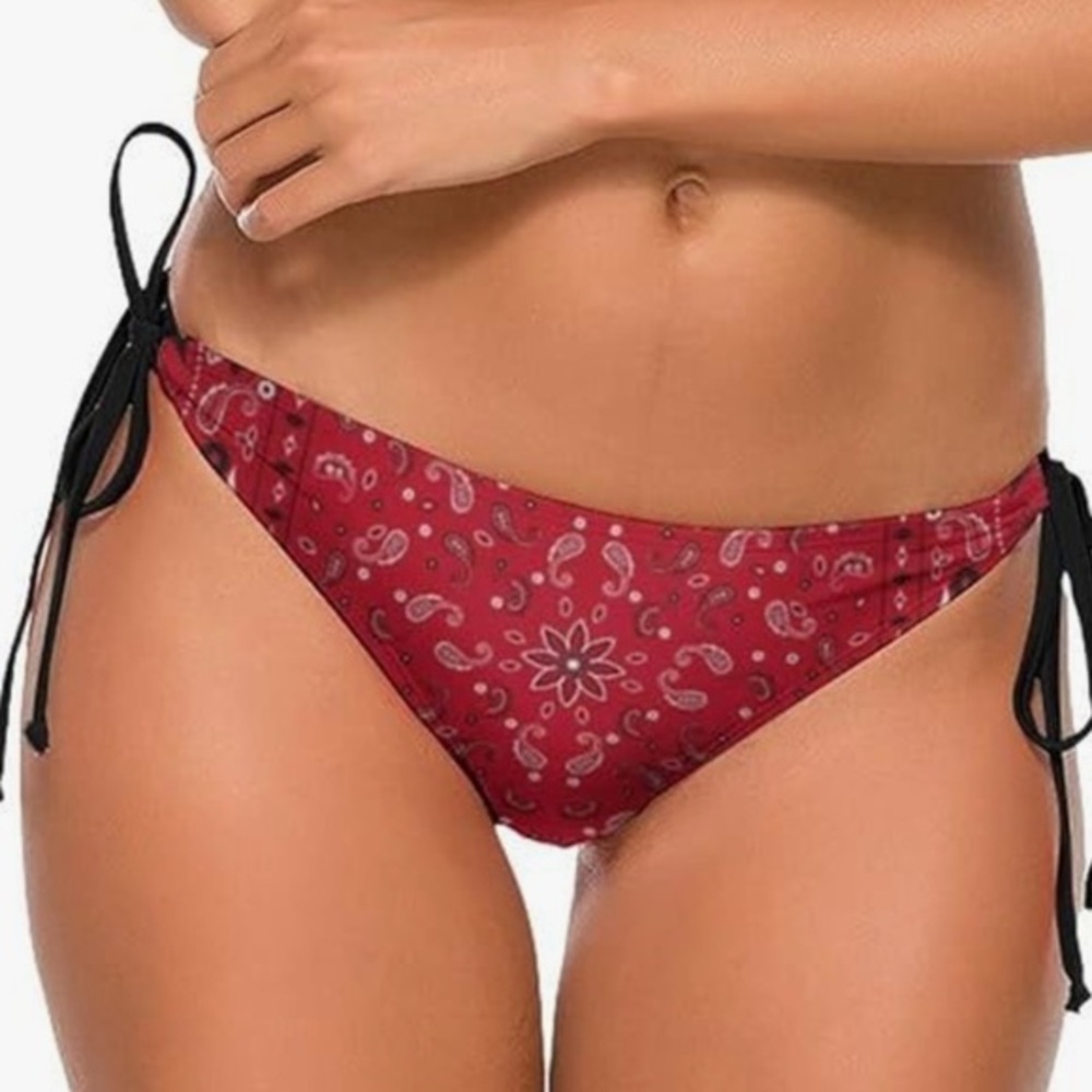 WOMANS Red paisley bandana print Brazilian Tie Side Bikini bottom size large
